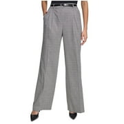 Calvin Klein Womens Plaid Straight Leg Belted Casual Trouser Pants, Grey, 8